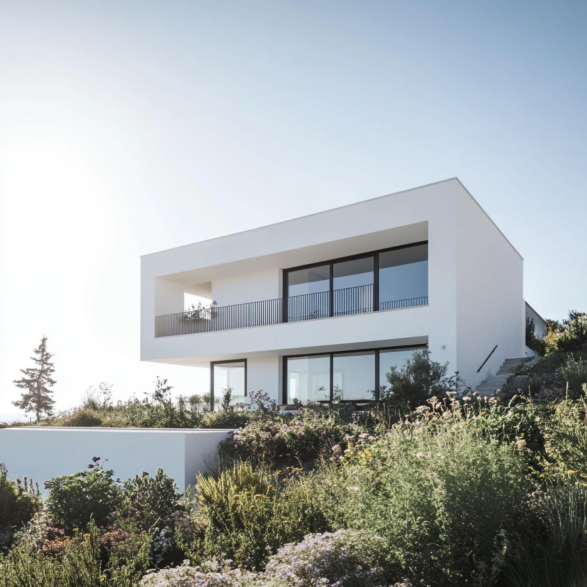 Modernes Wohnhaus mit bepflanztem Garten